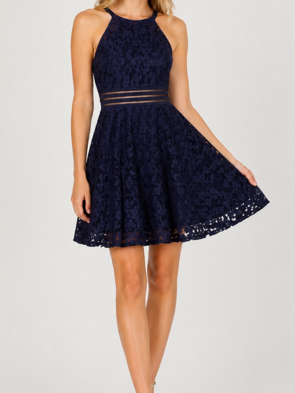 City Studio Navy Lace Fit & Flare Dress Illusion Waist Halter Size 3 Homecoming